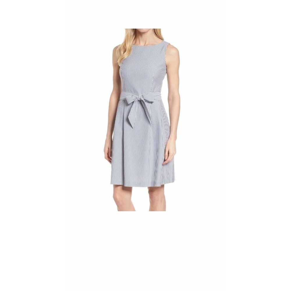 Anne Klein Women’s Dress Size 4 Gray White Striped Seersucker Fit Flare Pockets